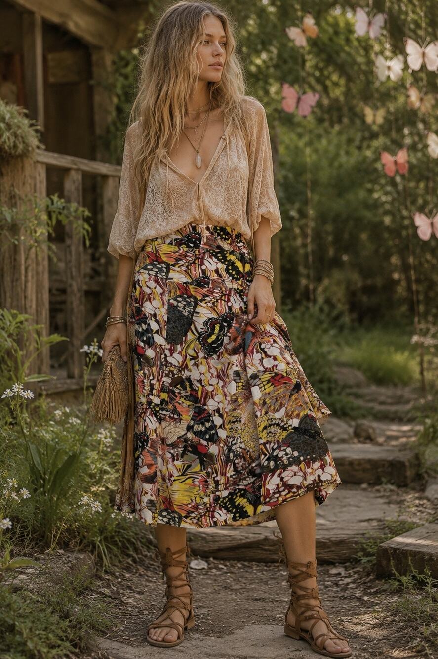 For Cynthia Linen Butterfly Whimsical Forrest Fairy MIDI Skirt Boho Women Small